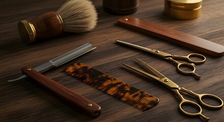 Barber shop shaving tools with vintage razor, comb, and scissors on wooden table, masculine grooming theme, stock photography style