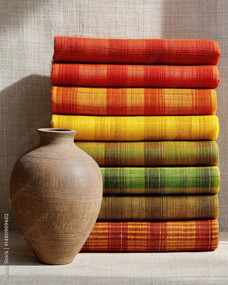 Poster colorful woven textiles and handmade pottery arranged thoughtfully on a neutral background