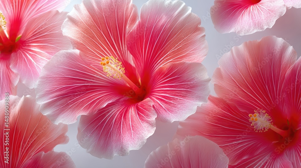 Poster scattered hibiscus petals creating a delicate arrangement on a clean white background