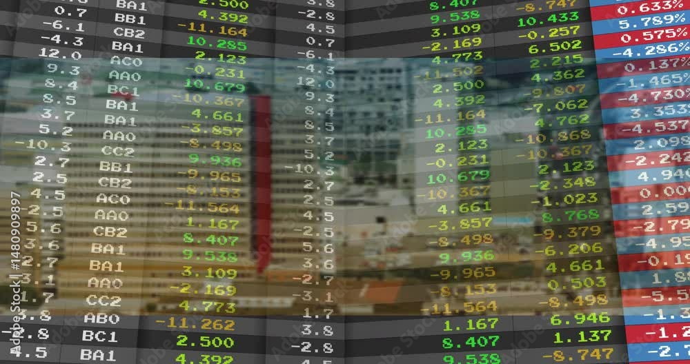 Poster animated transparent financial grid floating over skyline, showing colored codes and numeric values