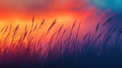 Fototapeta premium Wind farm at sunrise with tall grasses, in the context of renewable landscape energy, soft orange-pink skies, silhouettes of turbines, early golden light