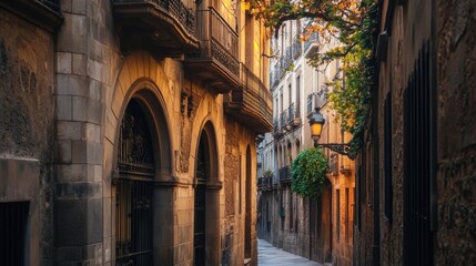 Fototapeta premium Historic European Alleyway with Arched Windows and Stone Facade, Dramatic Lighting, Old World Charm, Travel Photography.
