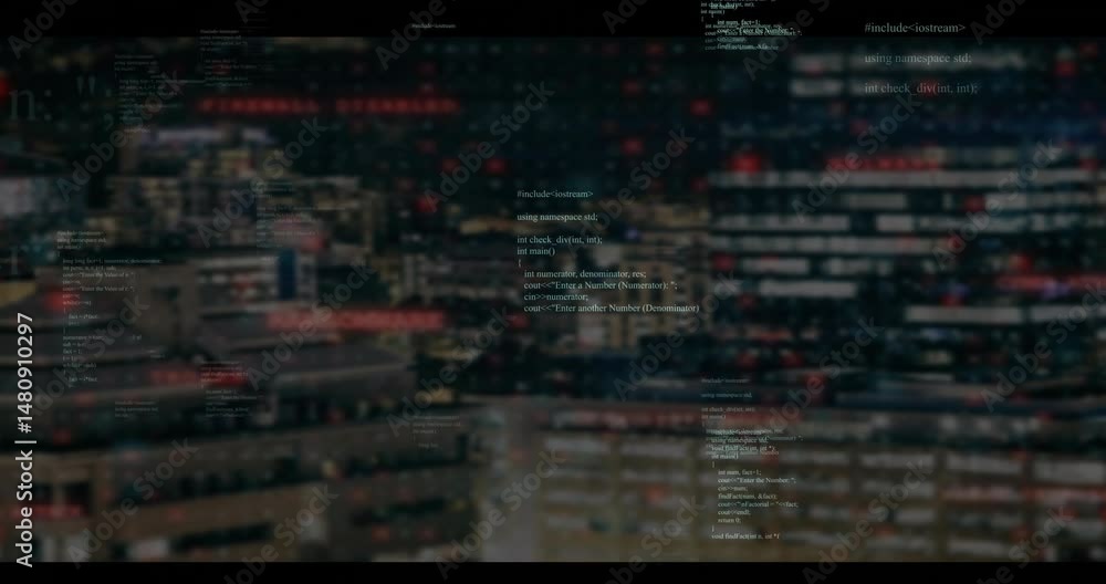 Poster code snippet array being animated over nighttime urban skyline, showing floating c++ text blocks