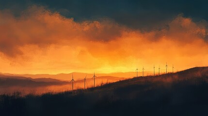 Fototapeta premium Wind farm on hill at sunset with turning turbines, in the context of clean wind energy production, golden sky, warm oranges, deep blues, soft scenic tones
