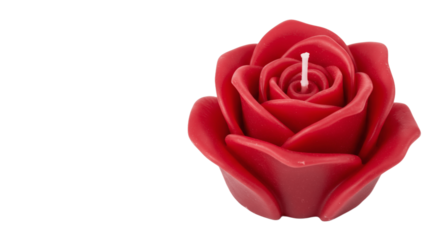 Handmade scented candle molded in the shape of a blooming red rose. Delicate finish, uniform wax and sophisticated look, ideal for romance, decoration or relaxation themes. Transparent background (PNG