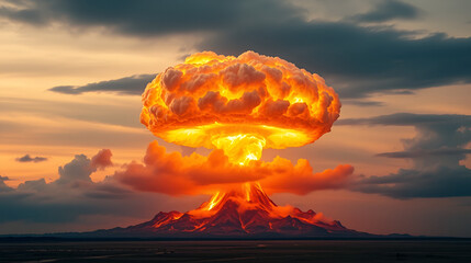 dramatic nuclear style mushroom cloud rises with bright orange flames