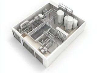 Technical schematic of a water purification plant using UV and carbon filters showing system layout and labeled components in the context of clean water