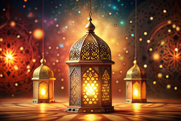 Obraz premium Festive ramadan lanterns glowing with warm light and intricate decorative designs for celebrations