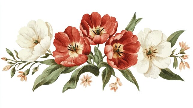 Red and white watercolor tulips and flowers floral arrangement