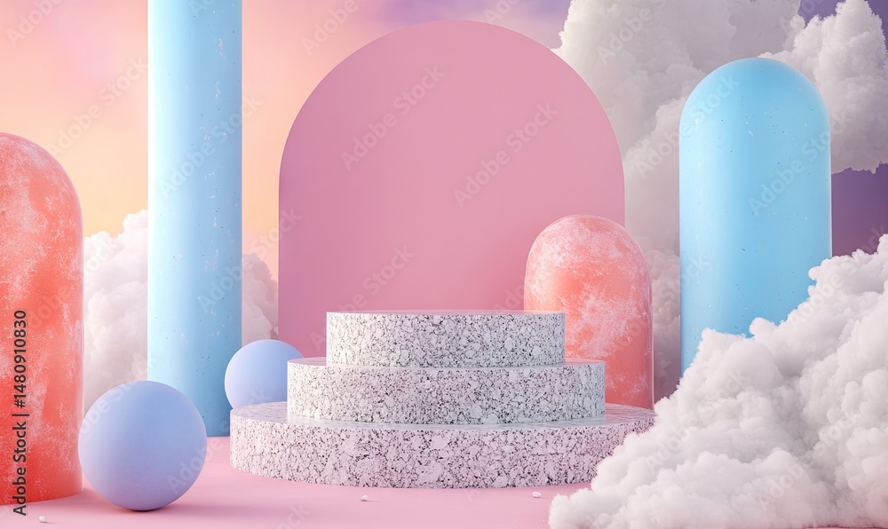 Poster a whimsical. colorful scene featuring a marble pedestal surrounded by soft. rounded shapes and fluff