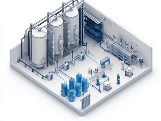 Technical schematic of a water purification plant using UV and carbon filters showing system layout and labeled components in the context of clean water
