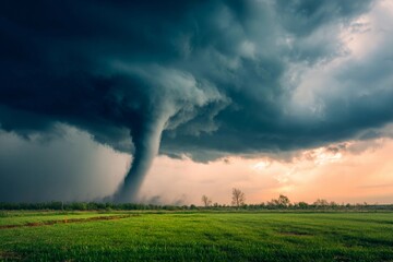 A powerful tornado spirals down from dark, swirling clouds over a green field at dusk. The atmosphere is charged with tension as nature displays its raw force