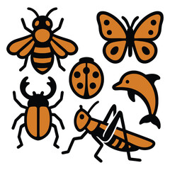 Set of cute cartoon insects including bee, ant, butterfly, fly, beetle, ladybug, dragonfly, grasshopper, spider, and caterpillar in a funny and isolated illustration
