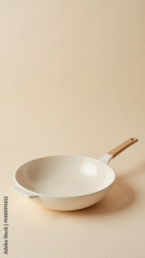 Poster a close-up photograph of a light gray skillet on a wooden surface with a blurred gradient background