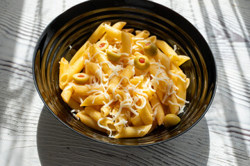 Pasta With Olives, Herbs And Cheese. Healthy Food. Italian Cuisine close up