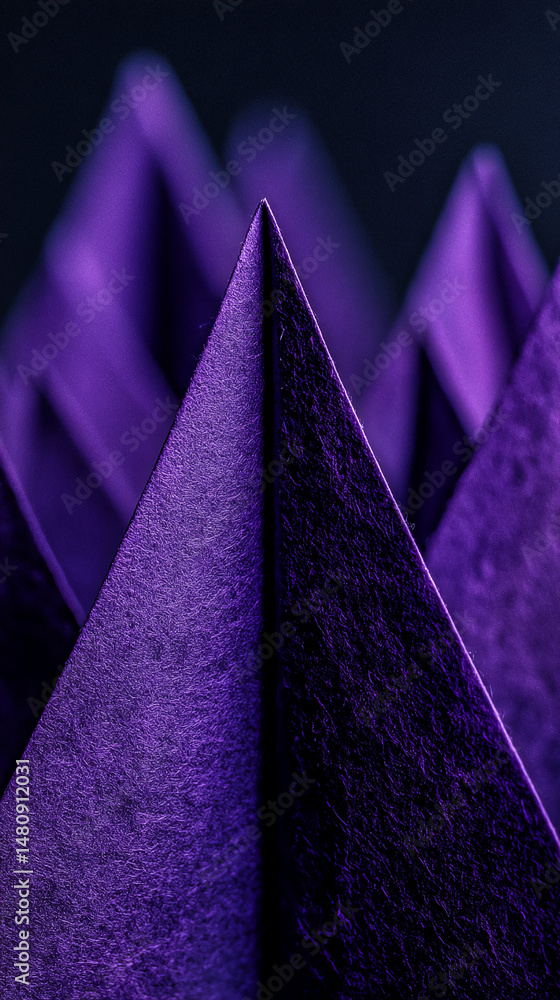 Poster close-up of deep purple textured paper folded into sharp peaks, creating a geometric, abstract image