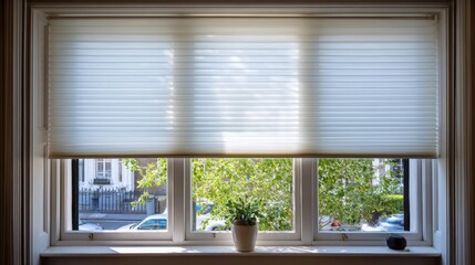 A stunning image of extra large pleated blinds in white, featuring a 50mm fold, showcased in the window opening. Contemporary top down bottom up privacy shades for apartment.