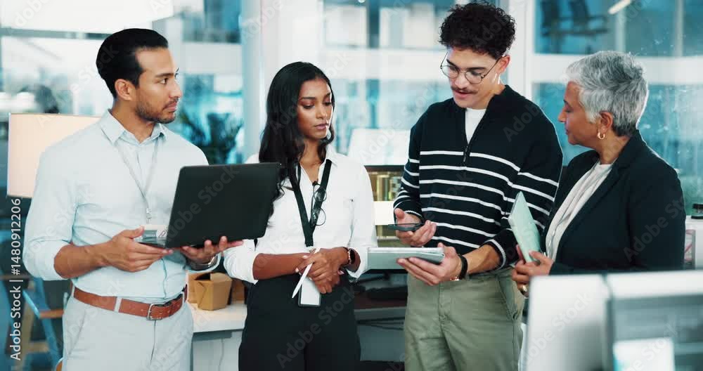 Aufkleber Programmer, team and business people with tablet for idea in office, help or web development. Group discussion, coding and tech for software project, creative planning or problem solving in meeting