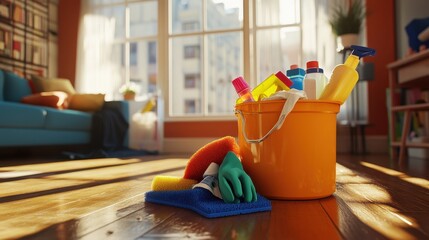 Cleaning Supplies in Bucket: Household Essentials for Spring Cleaning and Home Maintenance, Ready for Use.