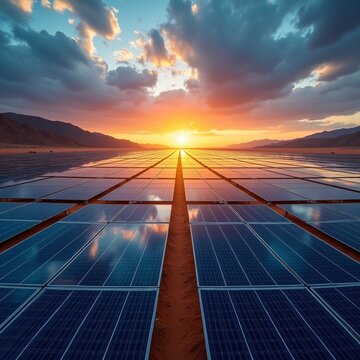 um imenso parque solar no deserto ao crep&uacute;sculo. Milhares de pain&eacute;is solares azul-escuros com reflexos dourados do sol