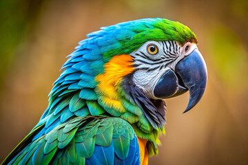 Vibrant portrait of a magnificent blue and gold macaw parrot with colorful feathers