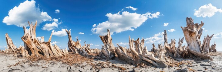 Naklejka premium A panoramic view of weathered driftwood against a dramatic sky with fluffy clouds. showcasing the contrast between nature's textures and the vastness of the landscape