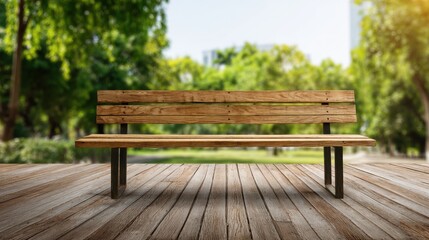 A stunning image of street park bench and wooden floor A bench made of wood against the background of a lawn Urban interior A place to relax in the fresh air. Creative banner.