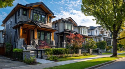 A stunning image of beautiful Home Exterior design of residential fronts that are varied and interesting to look at. Neighborhood new modern houses in Vancouver. Canadian modern.