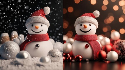 A cheerful snowman wearing a red scarf and hat surrounded by festive red and white Christmas ornaments. with a softly blurred background of glowing lights
