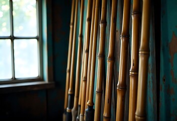 Obraz premium Collection of Vintage Bamboo Fishing Rods A Timeless Angler's Legacy