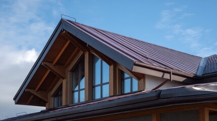 A stunning image of upper part of the house. The roof of the house from a metal profile against the sky.