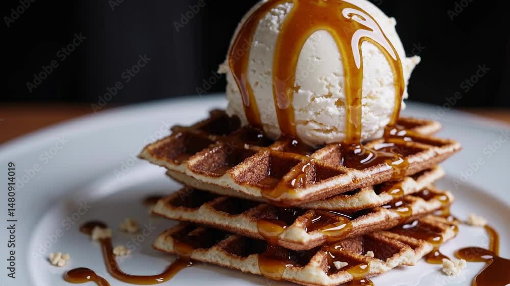 Poster stack of waffles topped with vanilla ice cream and drizzled with syrup. waffles and ice cream create