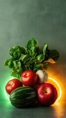 Fresh produce with neon glow. Green spinach, tomatoes, watermelon, apple, garlic