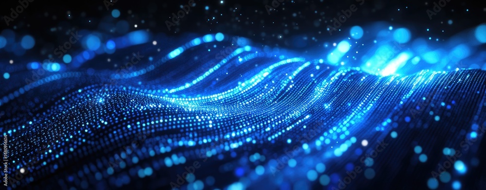 Poster a mesmerizing abstract representation of flowing blue waves illuminated by shimmering particles. cre