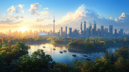 Naklejka premium A vibrant sunrise illuminates a cityscape nestled beside a tranquil river, showcasing autumnal foliage and a striking tower