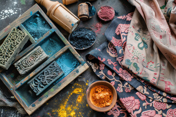 Block printing tools and colorful powders with floral printed textiles