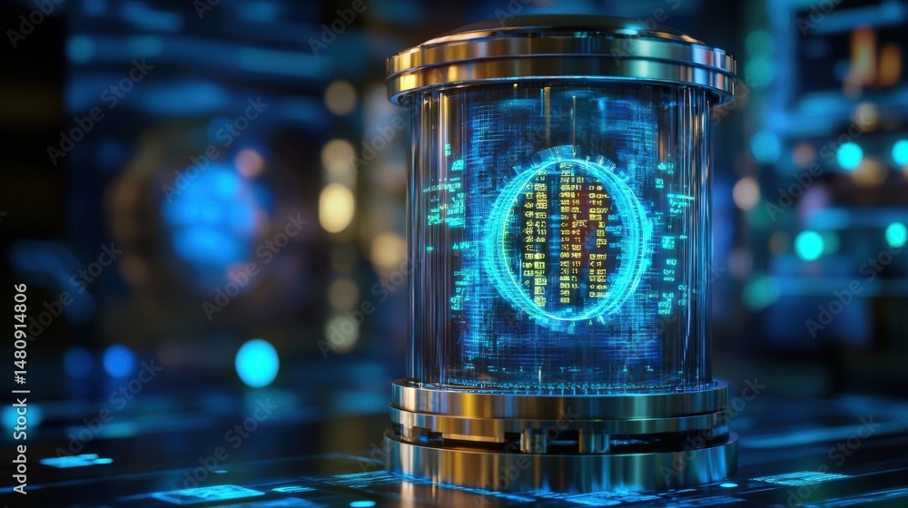 Poster futuristic cylindrical container with glowing digital display.