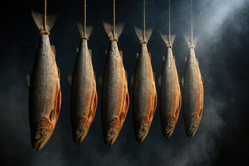 smoked sea salmon hanging in a row inside a traditional smokehouse with dense smoke, showing a natural and rustic seafood preservation process