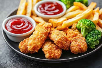 Fototapeta premium A delicious plate featuring crispy fried chicken. golden French fries. fresh broccoli. and dipping sauces. set against a dark textured background. perfect for food-related content