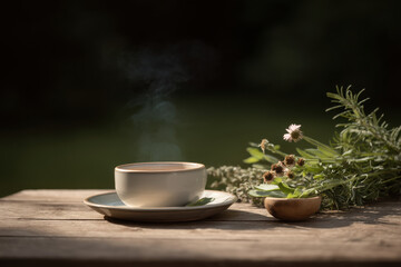 serene setting featuring calming herbal tea arrangement showcasing various herbs and tea leaves