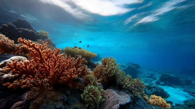 A mesmerizing underwater scene displays vivid coral reefs and diverse marine life, representing the beauty of ocean ecosystems and the urgent need for marine conservation efforts.