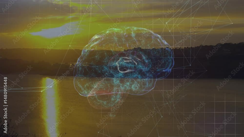 Poster translucent digital brain hologram floating above lake sunset, showing neural network glow in 3d
