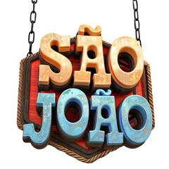 Placa decorativa 3D com texto São João em estilo rústico e colorido

