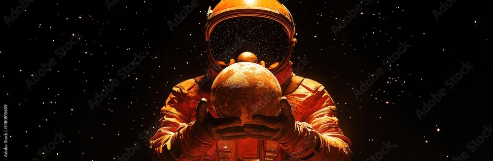 Aufkleber an astronaut in a dark space setting holds two red planets. symbolizing exploration and discovery. w