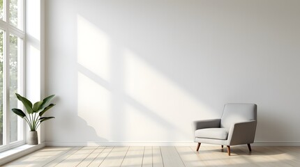modern interior design of office. Minimalism in the interior with light-colored walls, indoor plant and one chair by the wall, on which the light from the window falls.