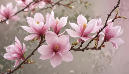 Obraz premium Delicate pink magnolia blossoms on a branch against a blurred background , pink magnolia, pastel