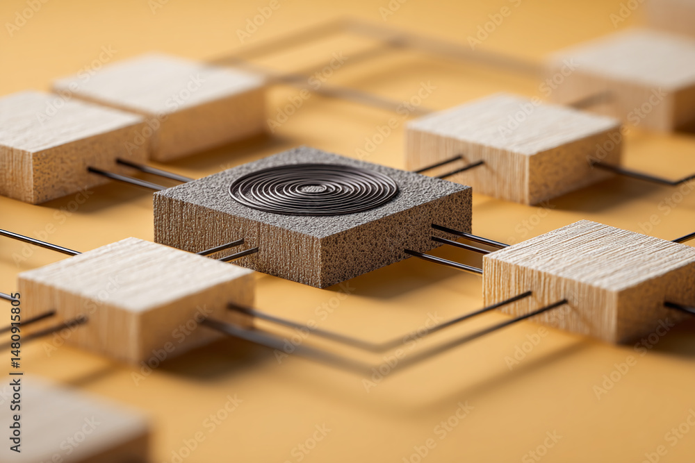 Poster abstract image of interconnected beige and gray cubes with a central spiral detail, showcasing a net