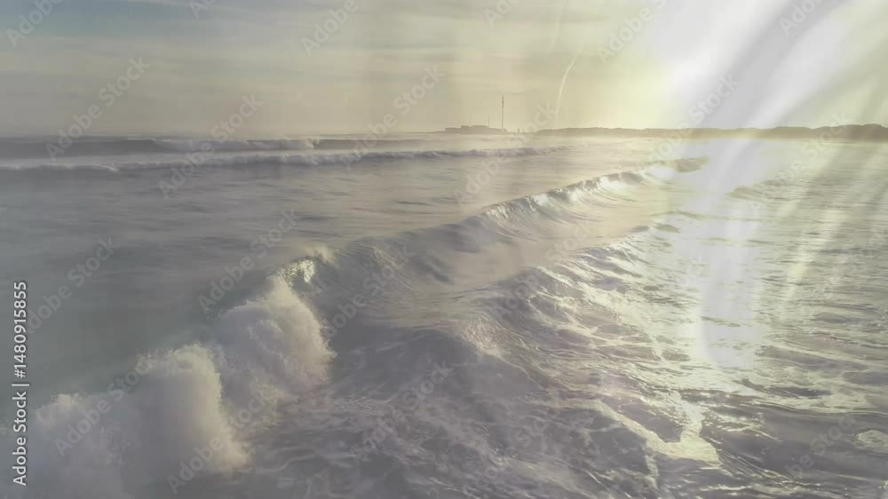 Poster 3d render showing wave crest rolling toward viewer, sunlight sparkling across water with lens flare