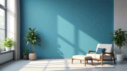 Fototapeta premium Minimalism in room renovation. Photo studio with blue wall and projection of sunlight through the window, panoramic window, indoor plants and armchair with pouffe.