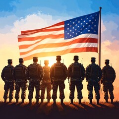 Diverse Soldiers Facing Flag